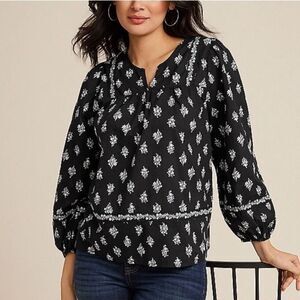NEW Maurices Womens 100% Cotton Black Floral Peasant Blouse sz XXL Boho Cottage